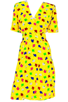 1980s Givenchy Couture Vintage Yellow Silk Wrap Dress w Colorful Flowers