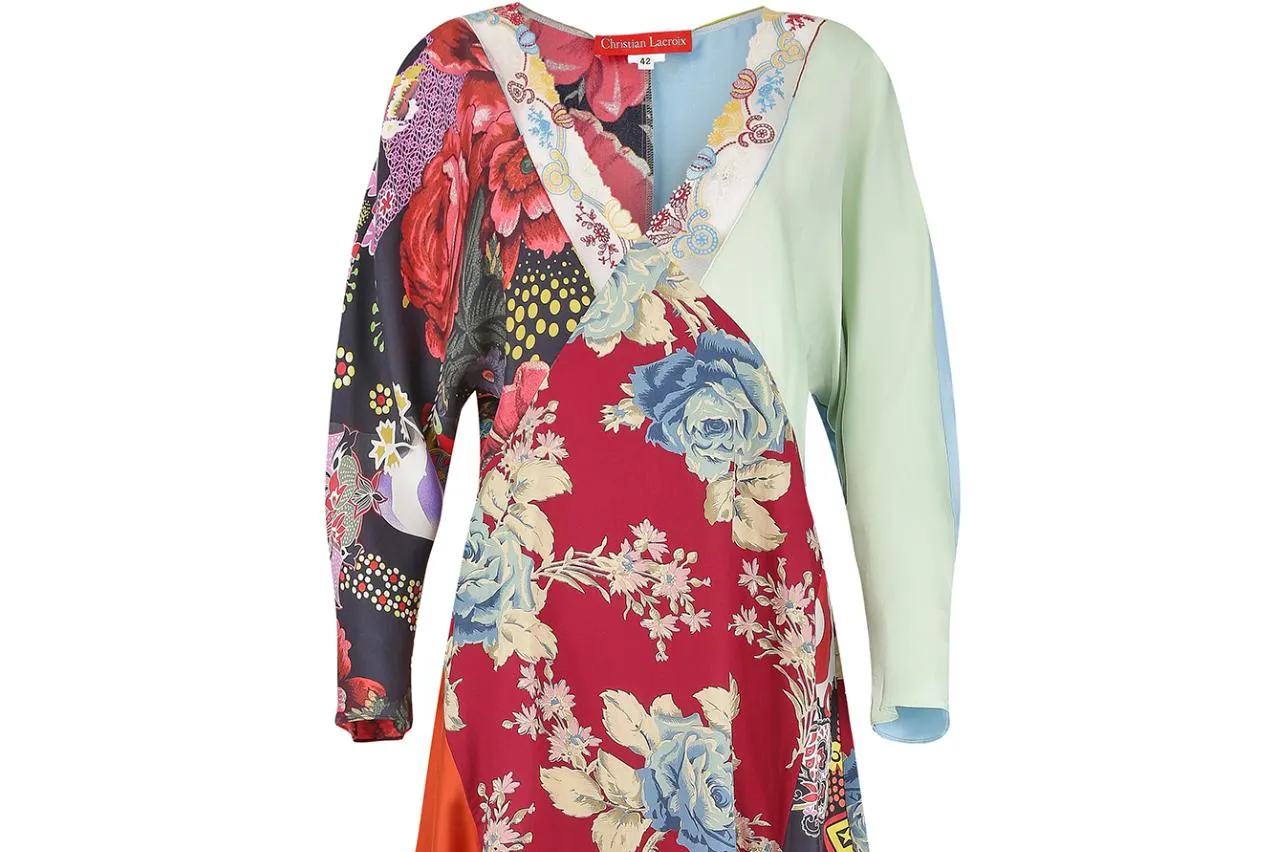 2006 Runway Christian Lacroix Silk Patchwork Floral Dress