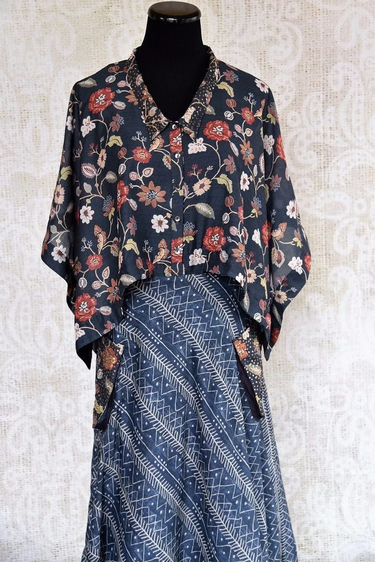 401928 Indigo Silk Cotton Indo-Western Dress by Pure Elegance