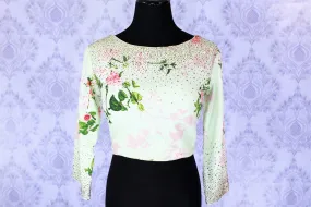 402996 Green Floral Printed Designer Embroidered Saree Blouse