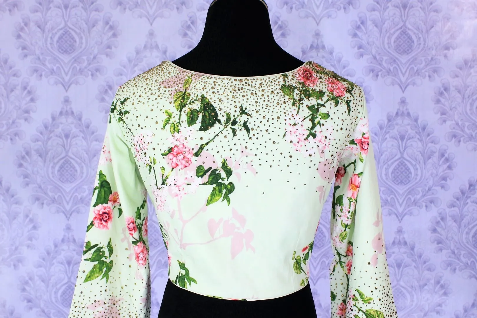 402996 Green Floral Printed Designer Embroidered Saree Blouse