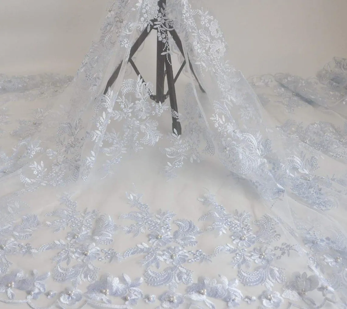 5 YARDS / 3 COLORS / Samia White Gray Yellow Mesh Sequin Embroidery Lace / Bridal Dress Fabric