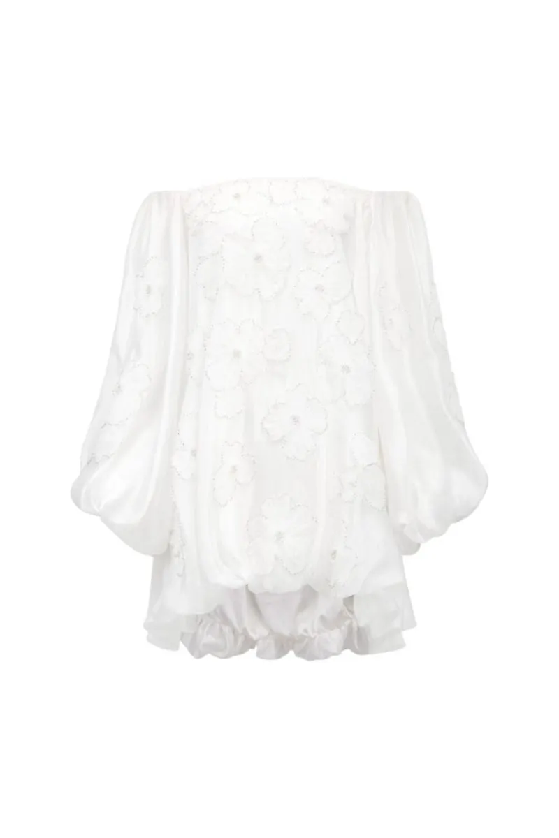 AIMEE WHITE SHINY SILK 3D FLORAL MINI DRESS