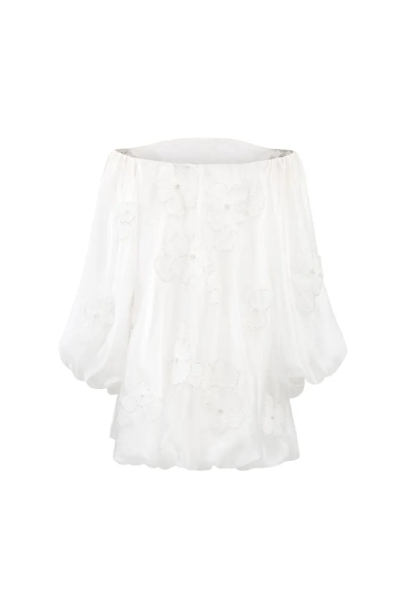 AIMEE WHITE SHINY SILK 3D FLORAL MINI DRESS