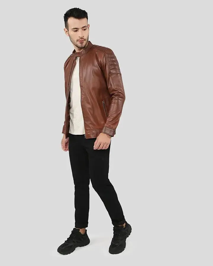 Albie Brown Slim Fit Racer Leather Jacket