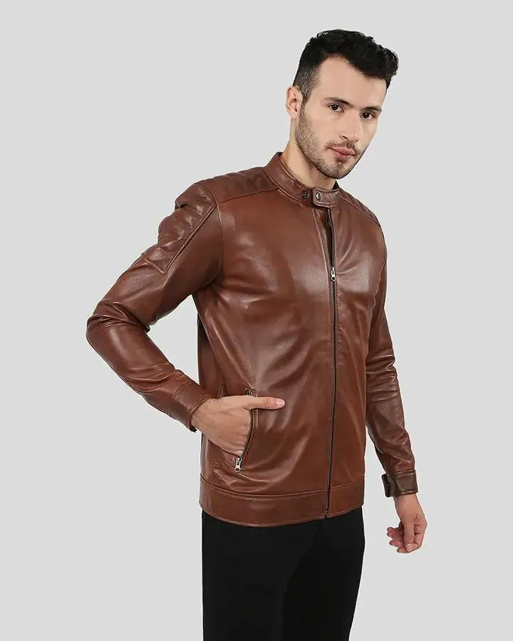 Albie Brown Slim Fit Racer Leather Jacket