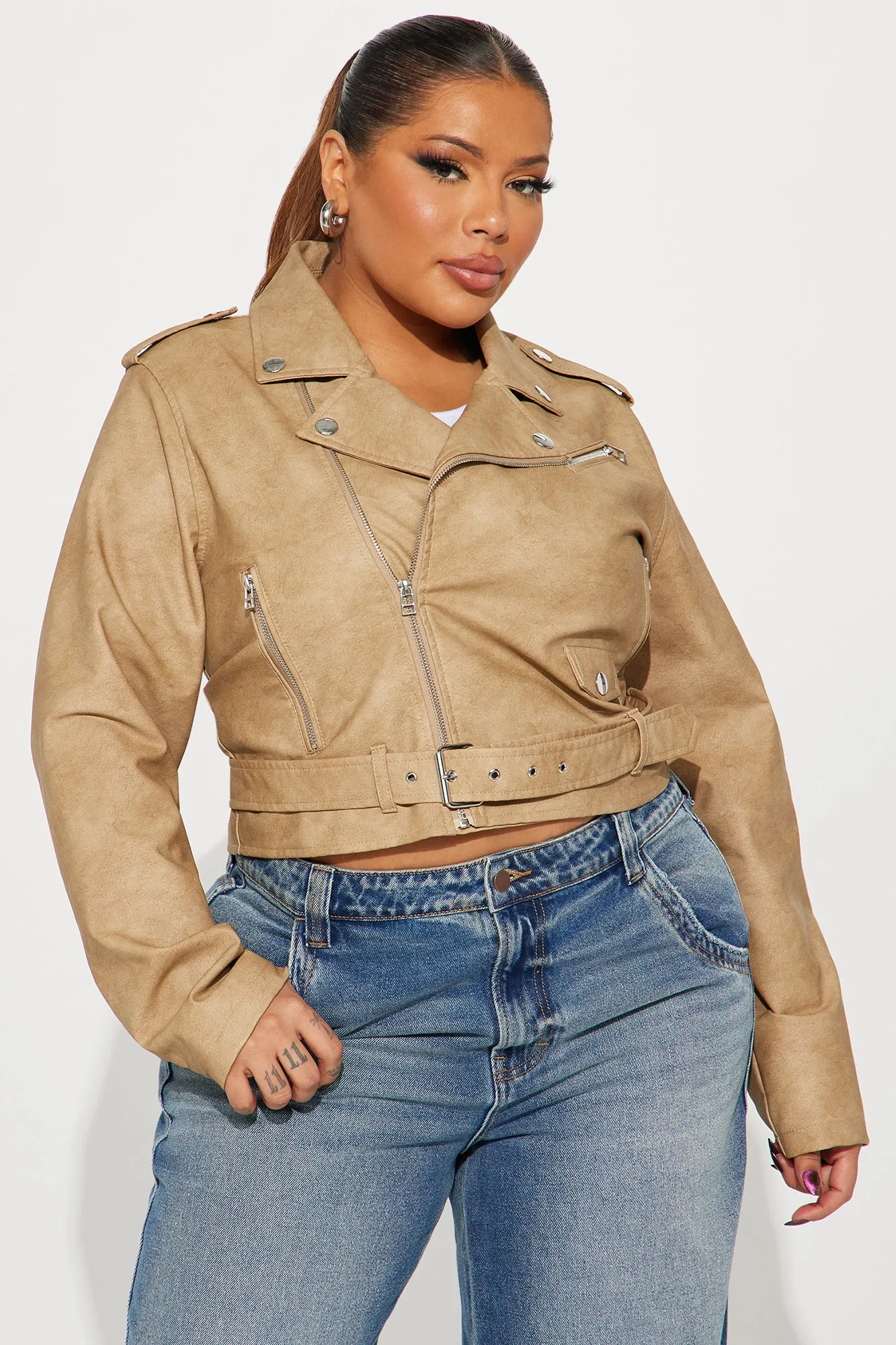 Amala Washed Faux Leather Moto Jacket - Khaki