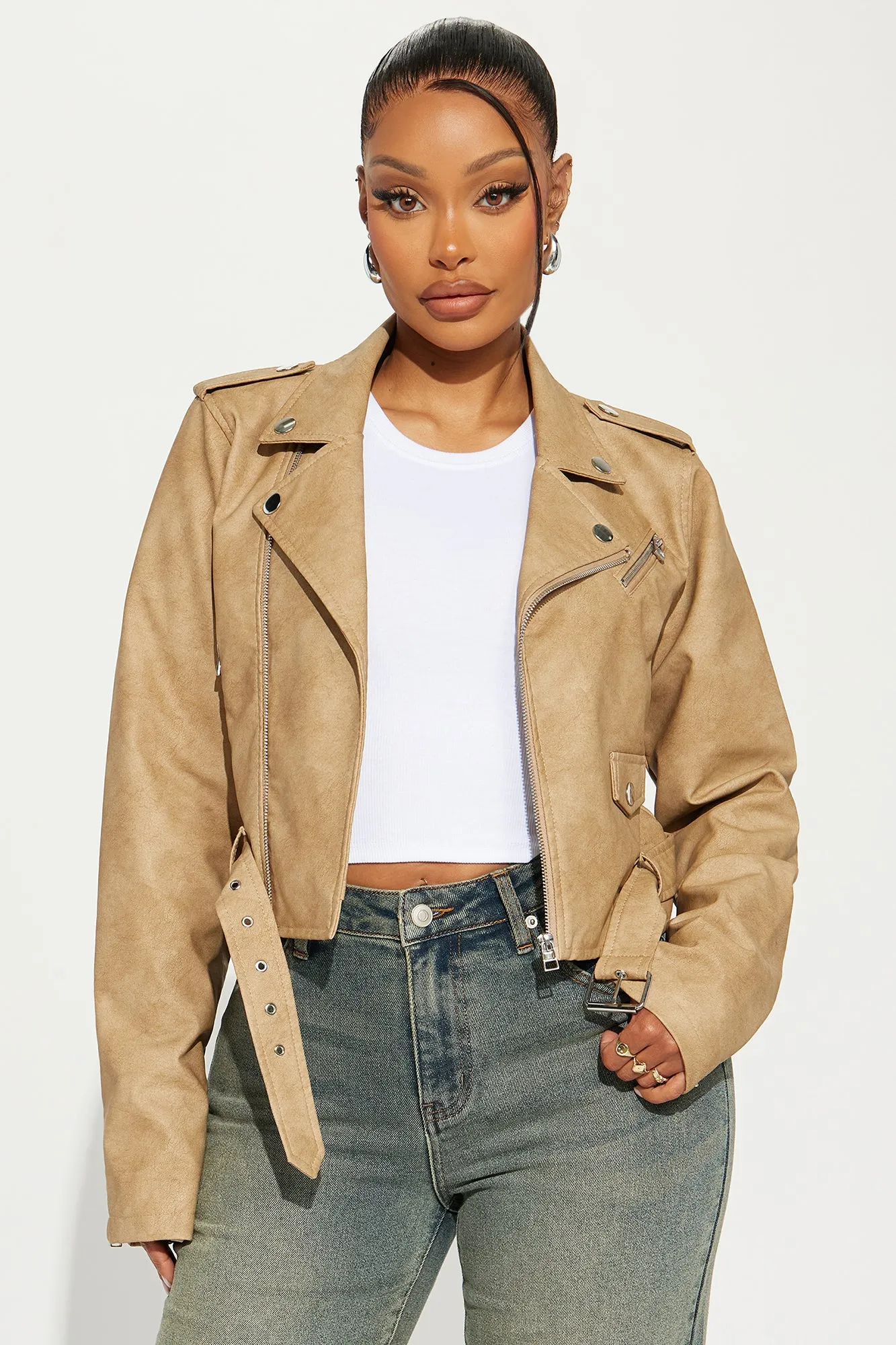 Amala Washed Faux Leather Moto Jacket - Khaki
