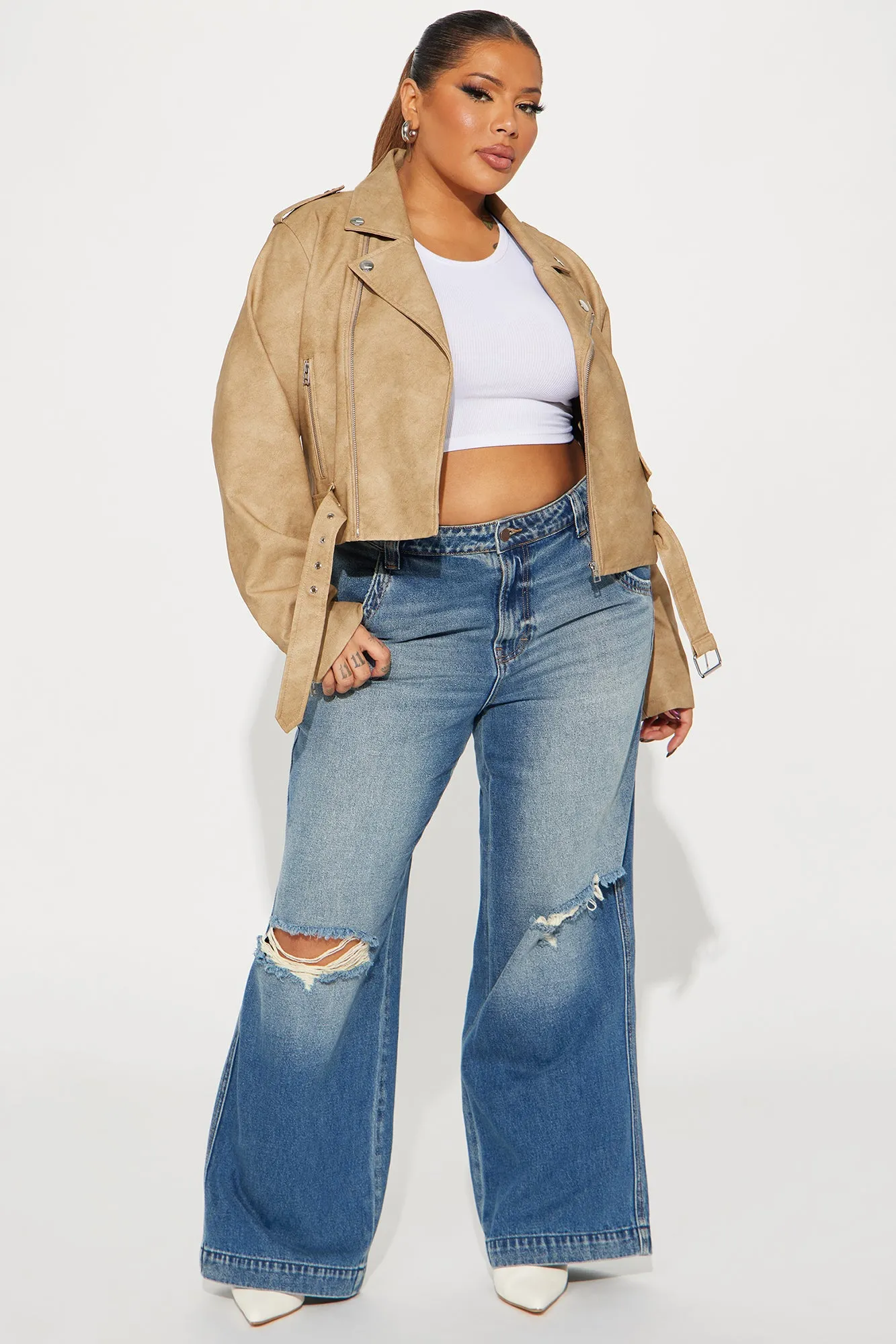 Amala Washed Faux Leather Moto Jacket - Khaki