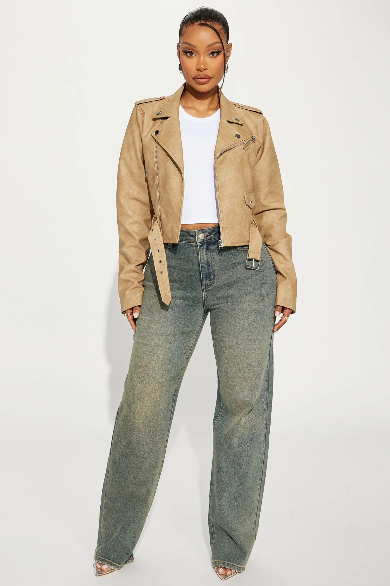 Amala Washed Faux Leather Moto Jacket - Khaki