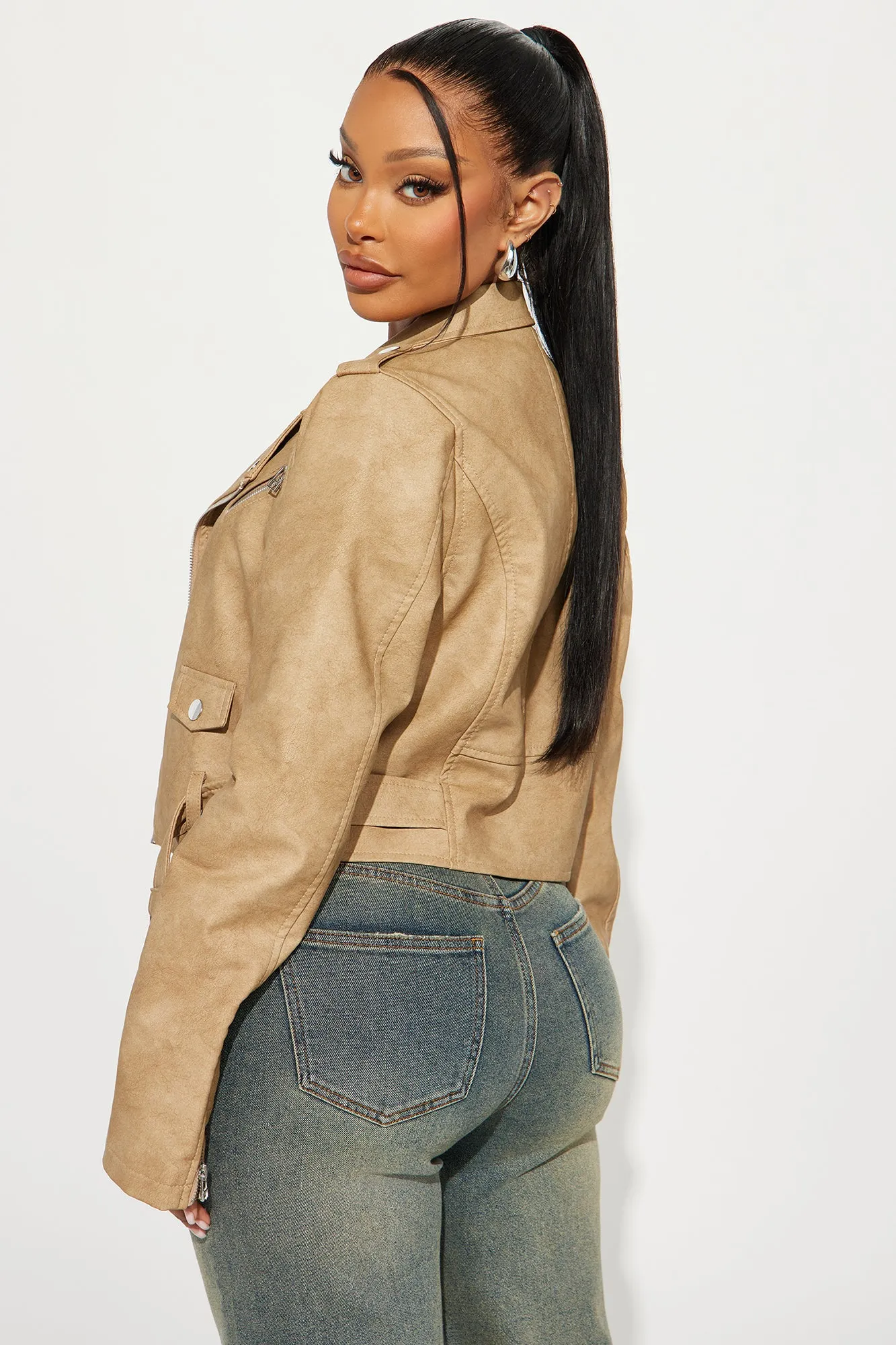 Amala Washed Faux Leather Moto Jacket - Khaki