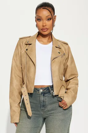 Amala Washed Faux Leather Moto Jacket - Khaki