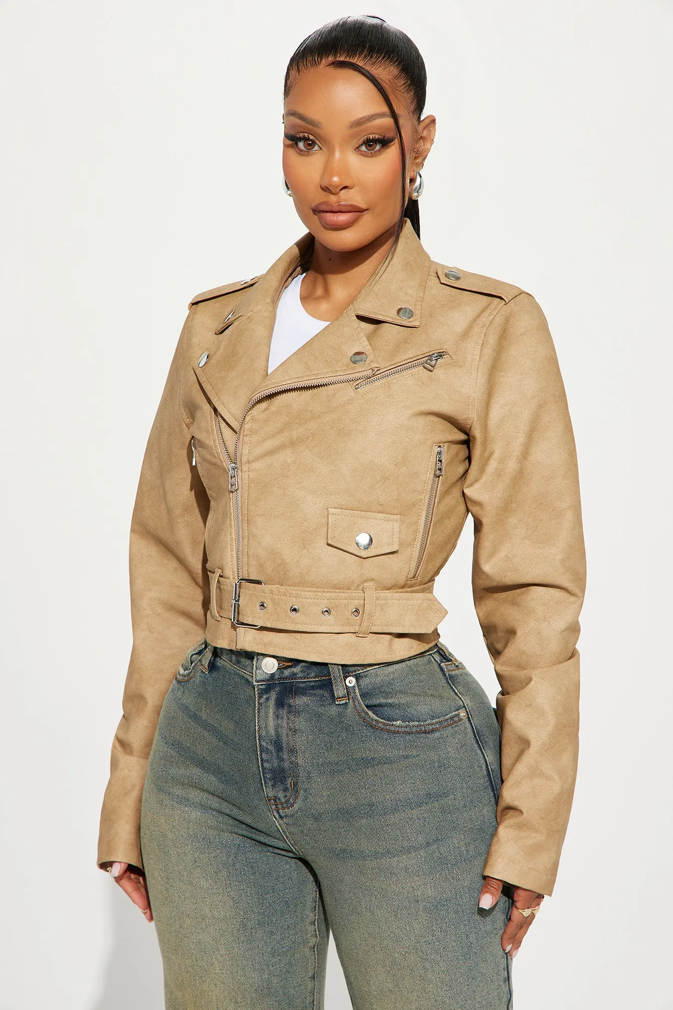 Amala Washed Faux Leather Moto Jacket - Khaki
