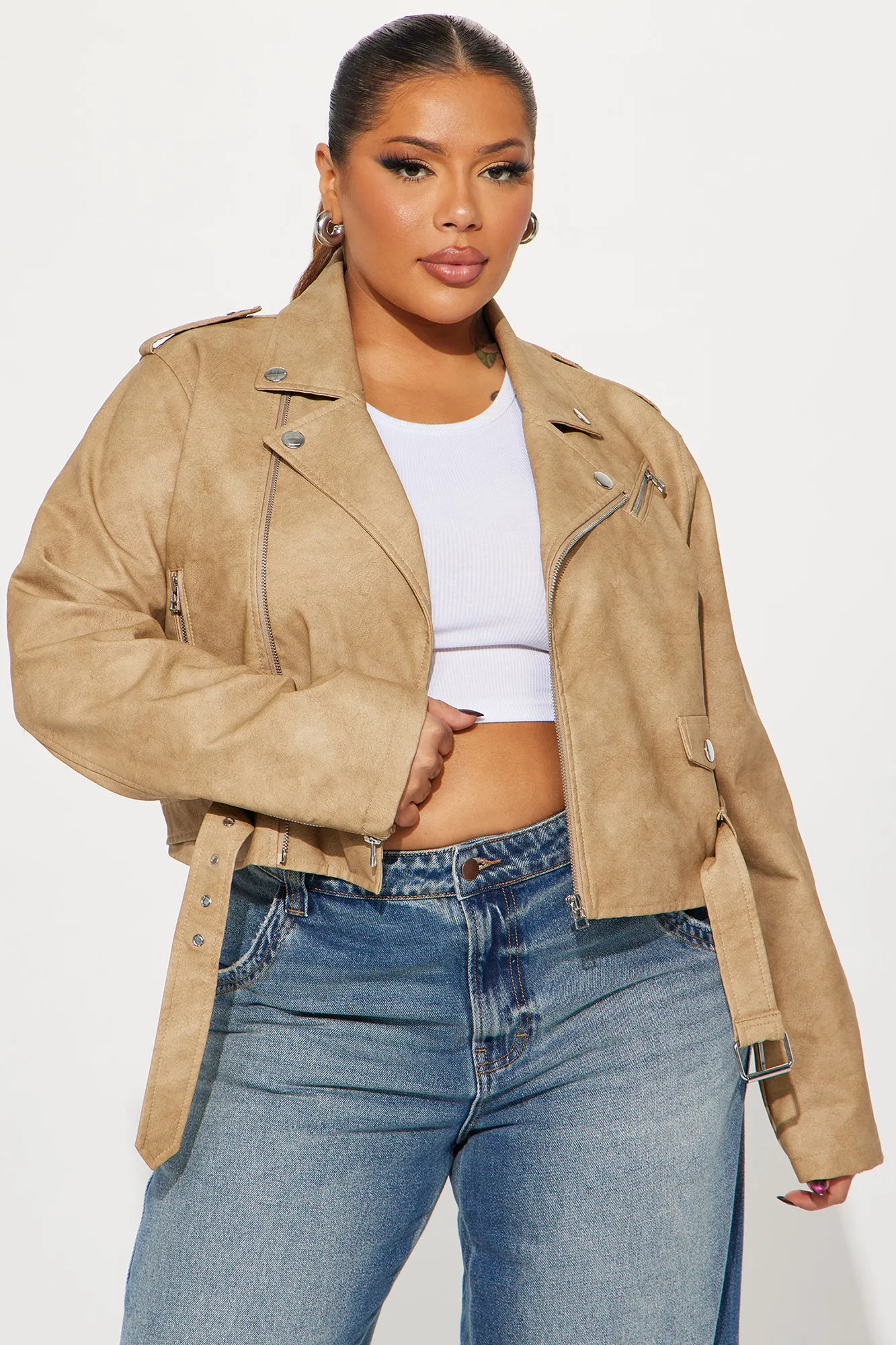 Amala Washed Faux Leather Moto Jacket - Khaki