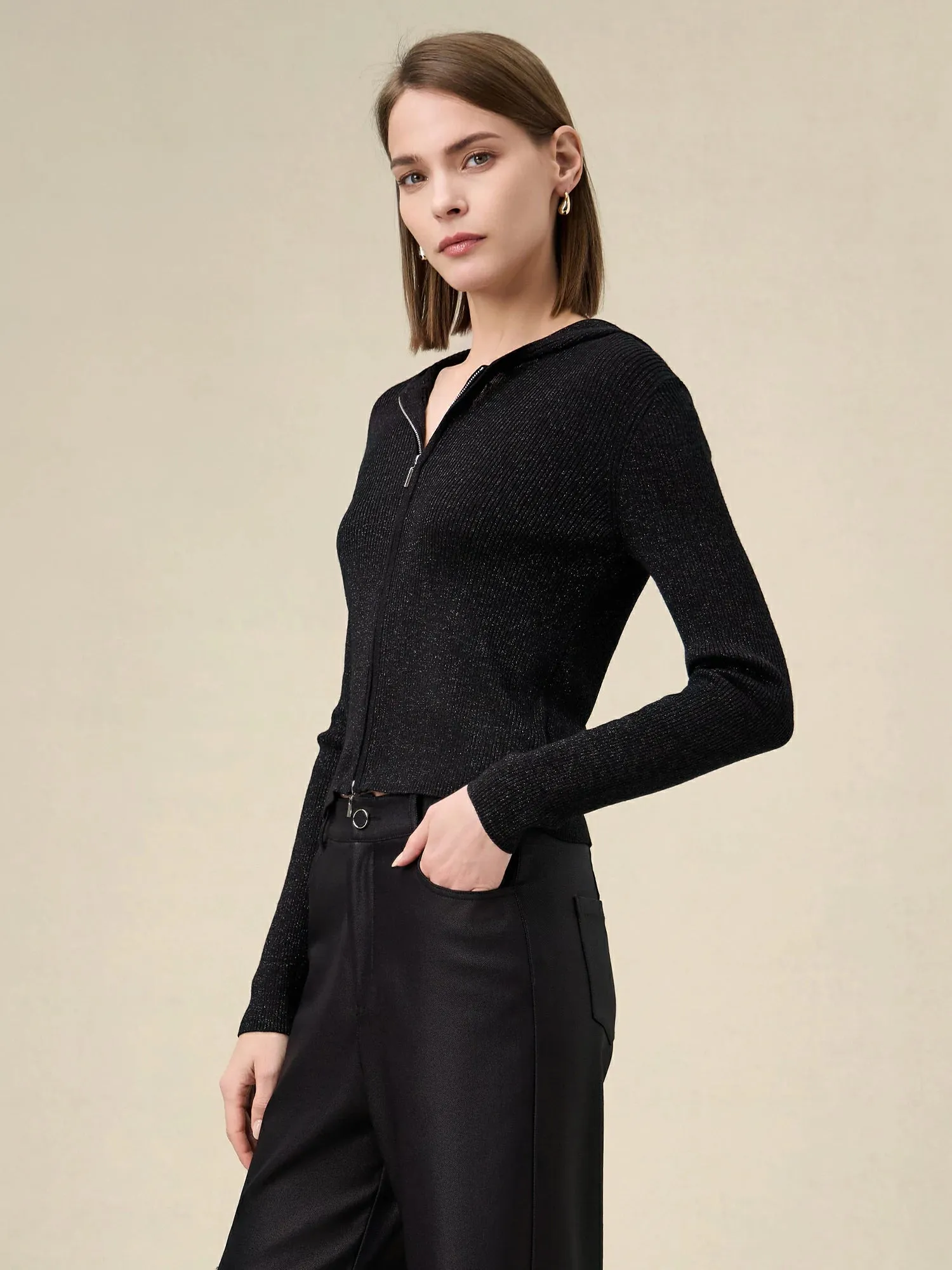 Amoretu Wool Gold Silver Yarn Zip-up Sweater Cardigan