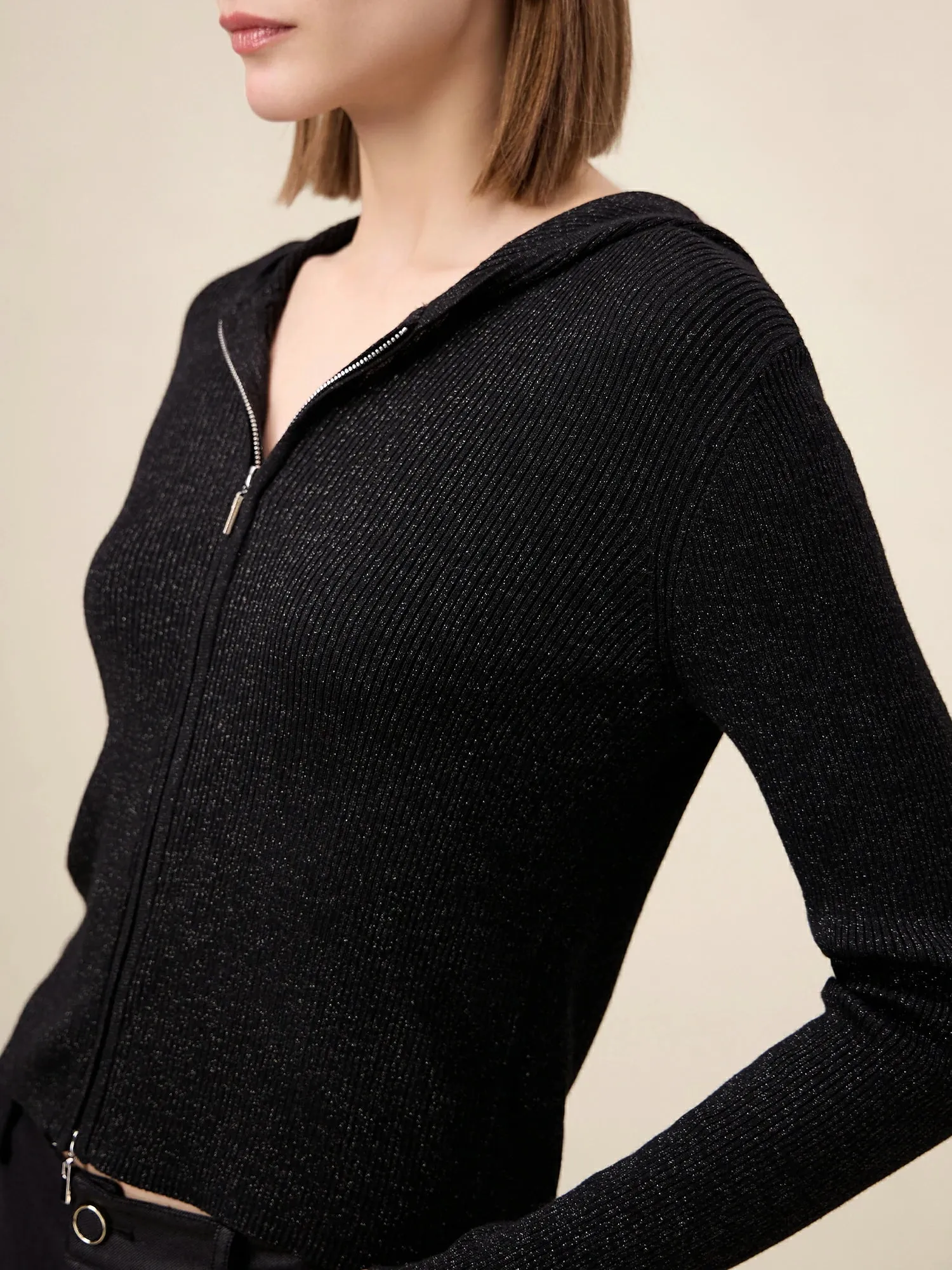 Amoretu Wool Gold Silver Yarn Zip-up Sweater Cardigan