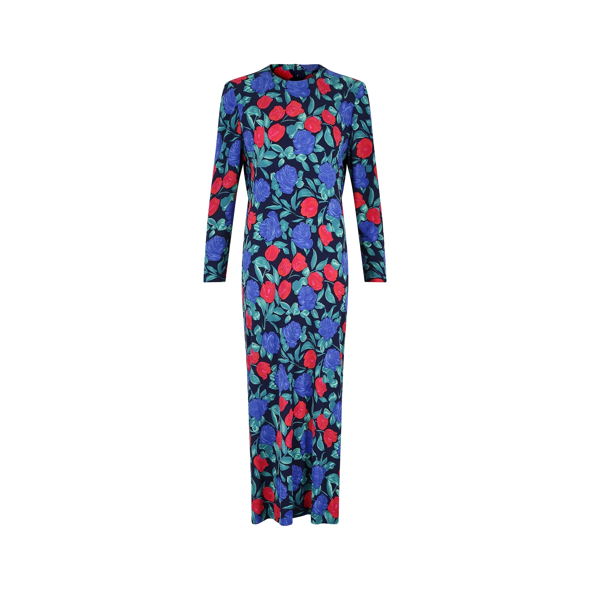 ARCHIVE - 1970s Blue and Red Rose Print Silk Jersey Dress