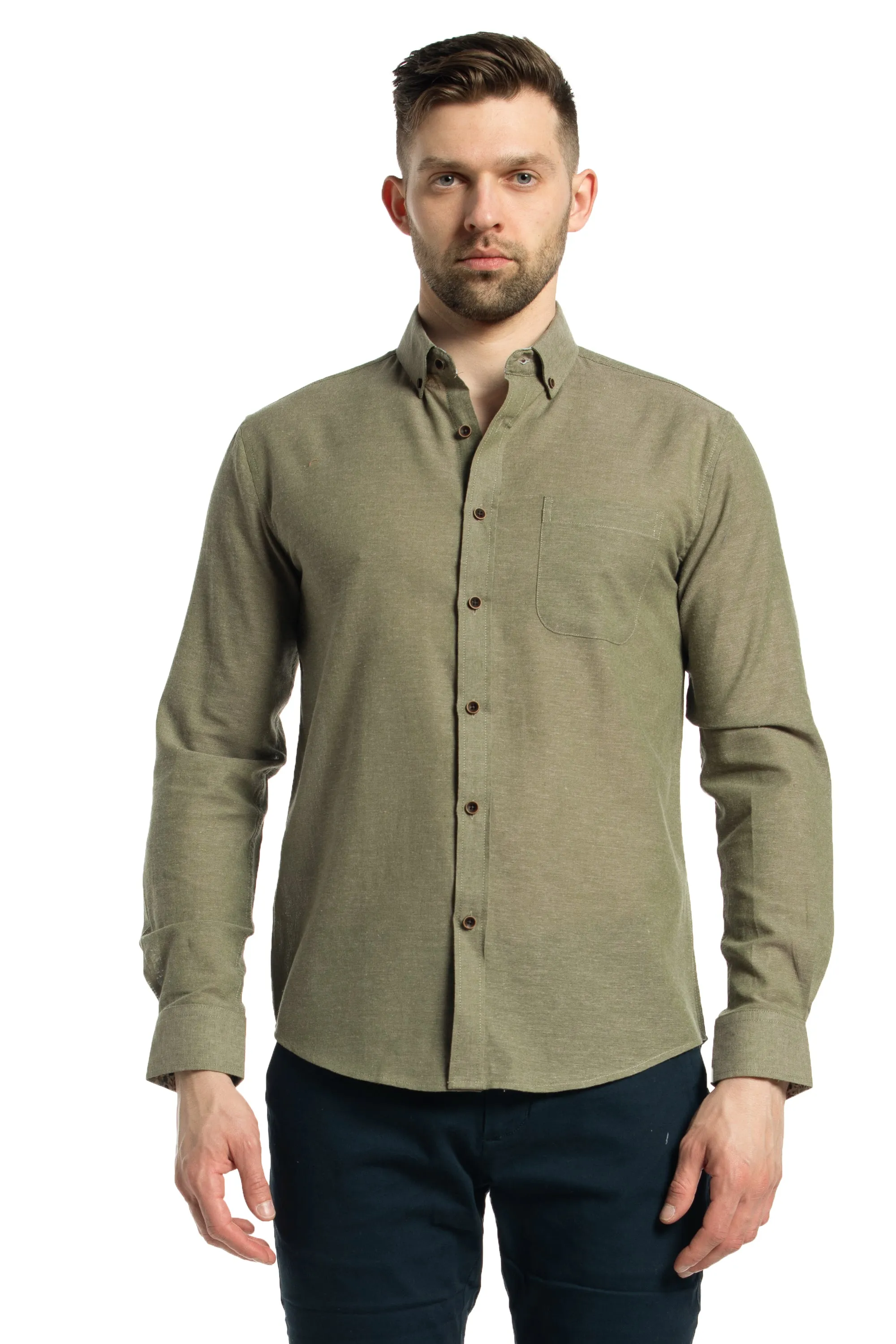 Balmoral Linen Long Sleeve Shirt in Moss Green