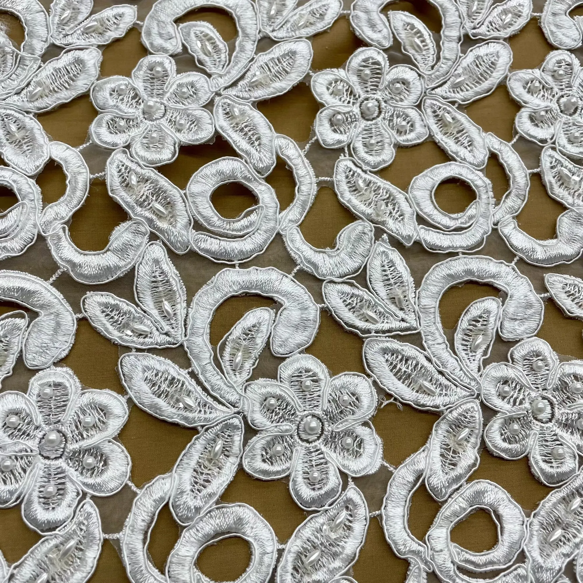 Beaded & Corded Bridal Lace Fabric Embroidered on 100% Polyester Net Mesh  | Lace USA -90726N-BP
