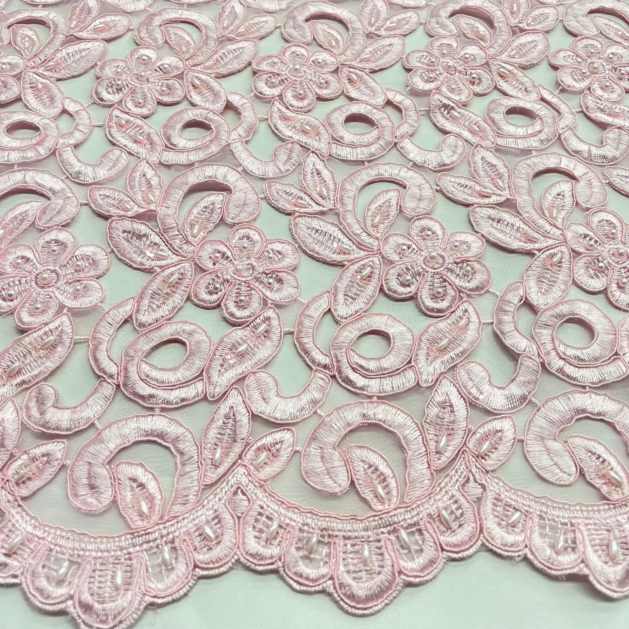 Beaded & Corded Bridal Lace Fabric Embroidered on 100% Polyester Net Mesh  | Lace USA -90726N-BP