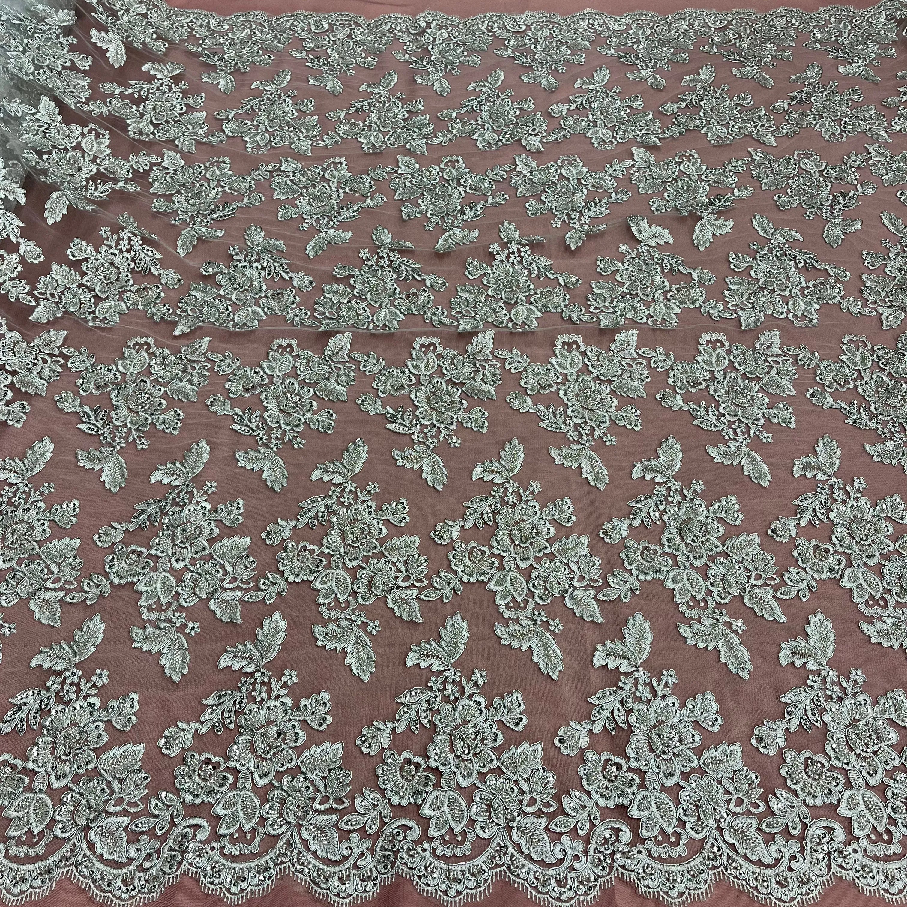 Beaded & Corded Bridal Lace Fabric Embroidered on 100% Polyester Net Mesh | Lace USA - 95409W-HB