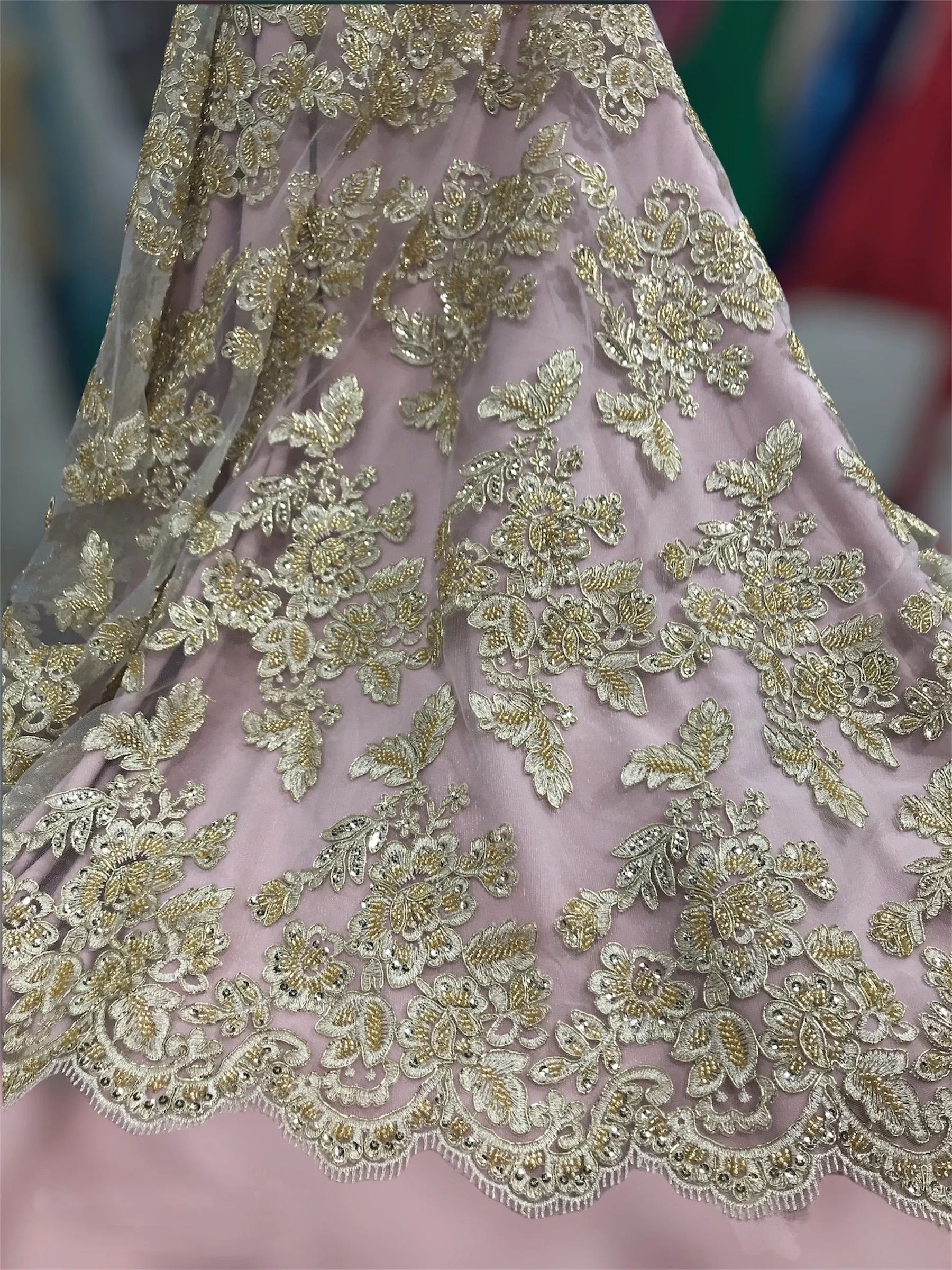 Beaded & Corded Bridal Lace Fabric Embroidered on 100% Polyester Net Mesh | Lace USA - 95409W-HB