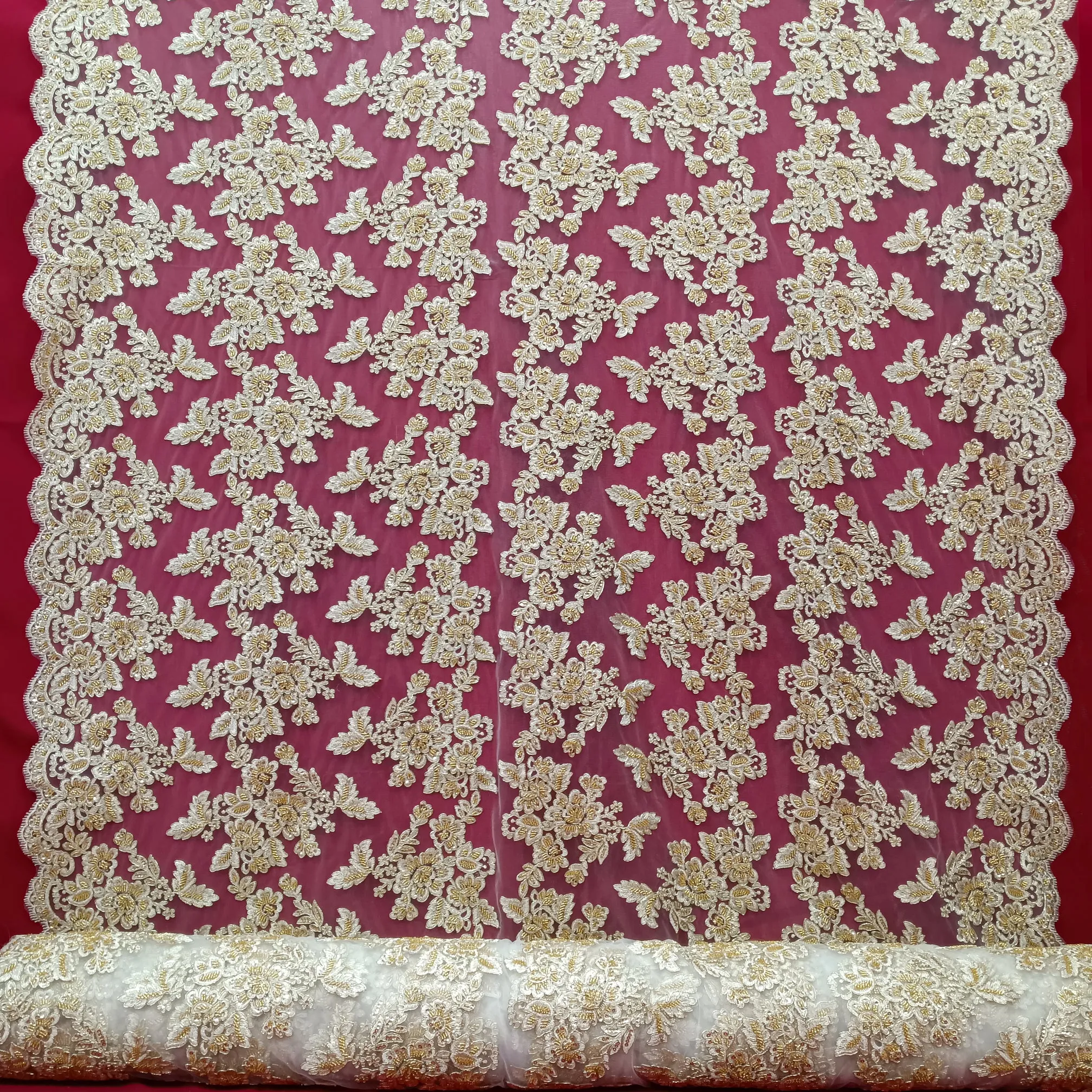 Beaded & Corded Bridal Lace Fabric Embroidered on 100% Polyester Net Mesh | Lace USA - 95409W-HB