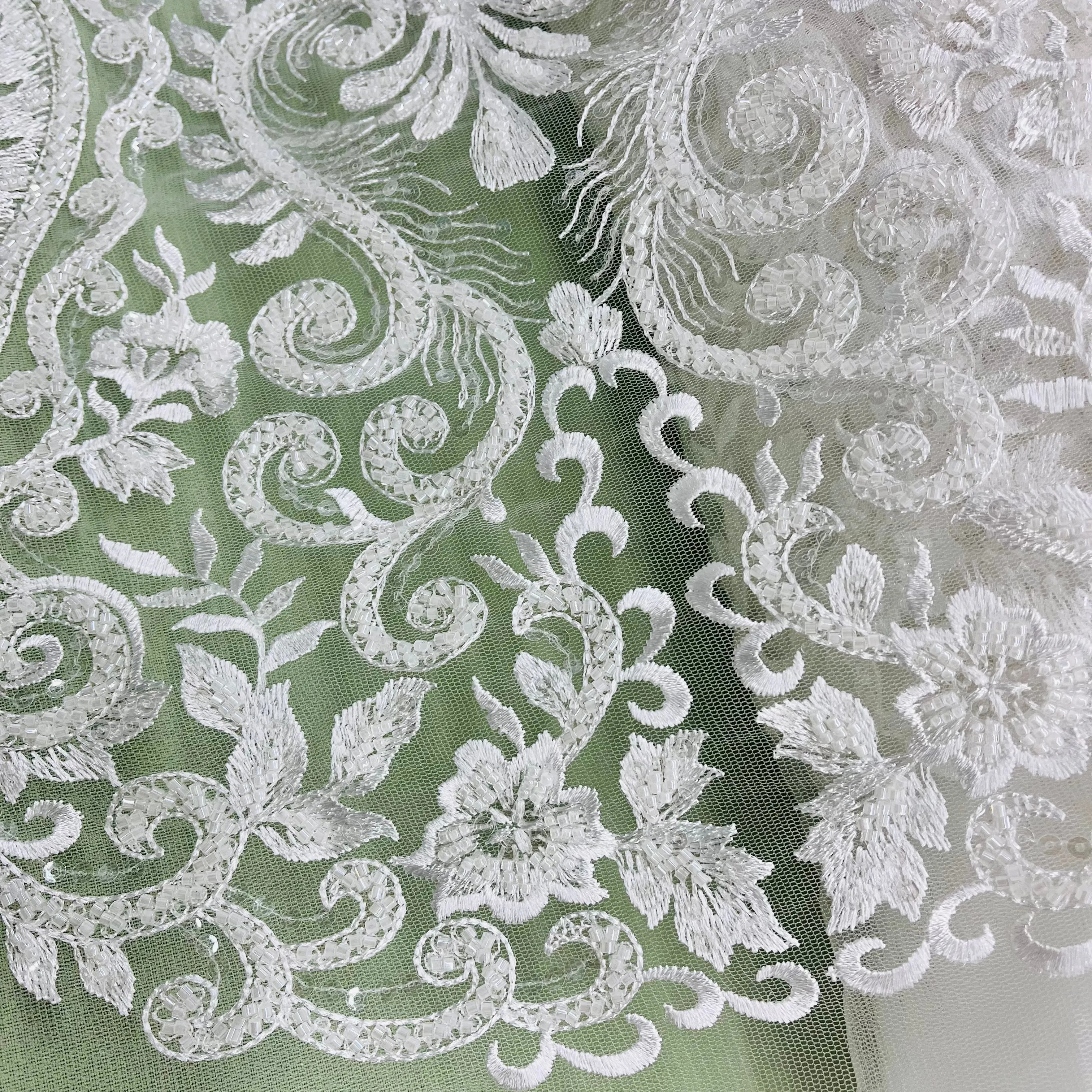 Beaded Lace Fabric Embroidered on 100% Polyester Net Mesh | Lace USA - GD-12152