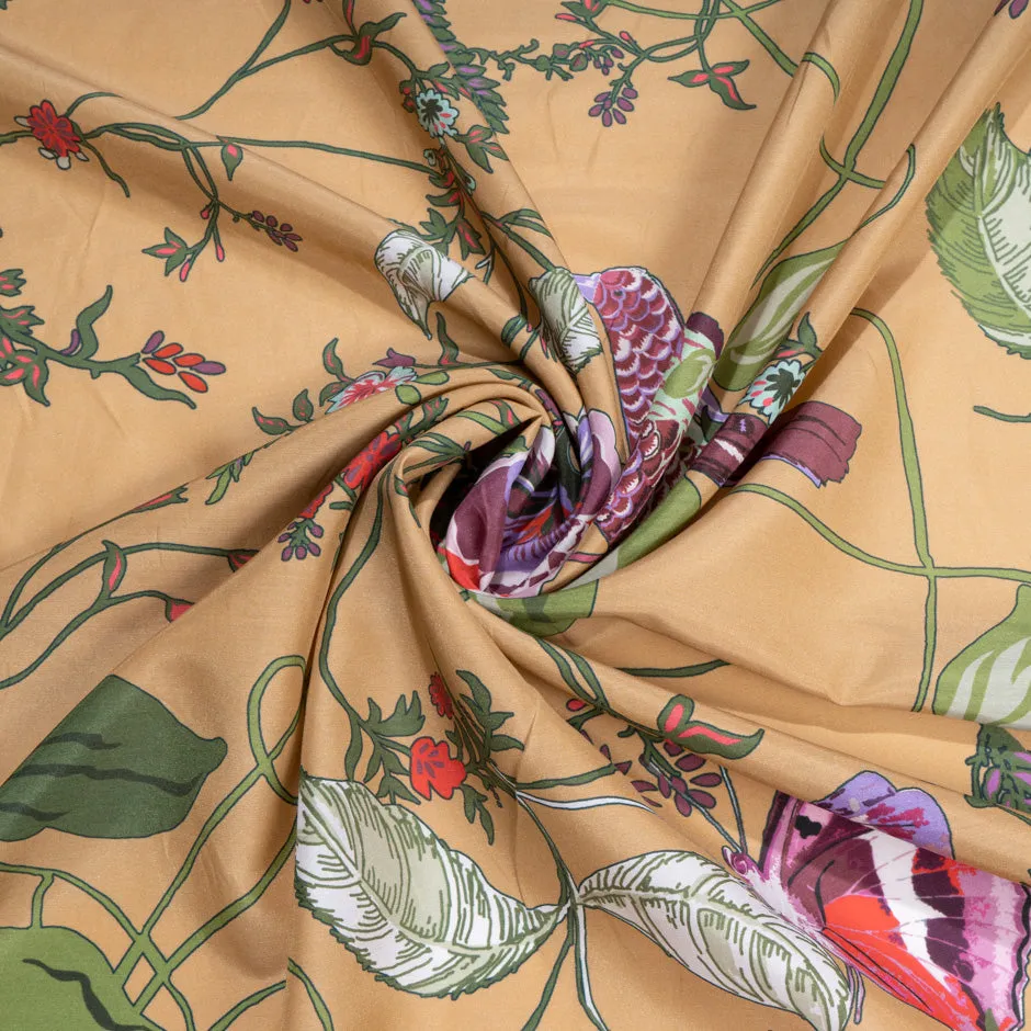 Bird & Floral Printed Deep Beige Silk & Cotton Blend