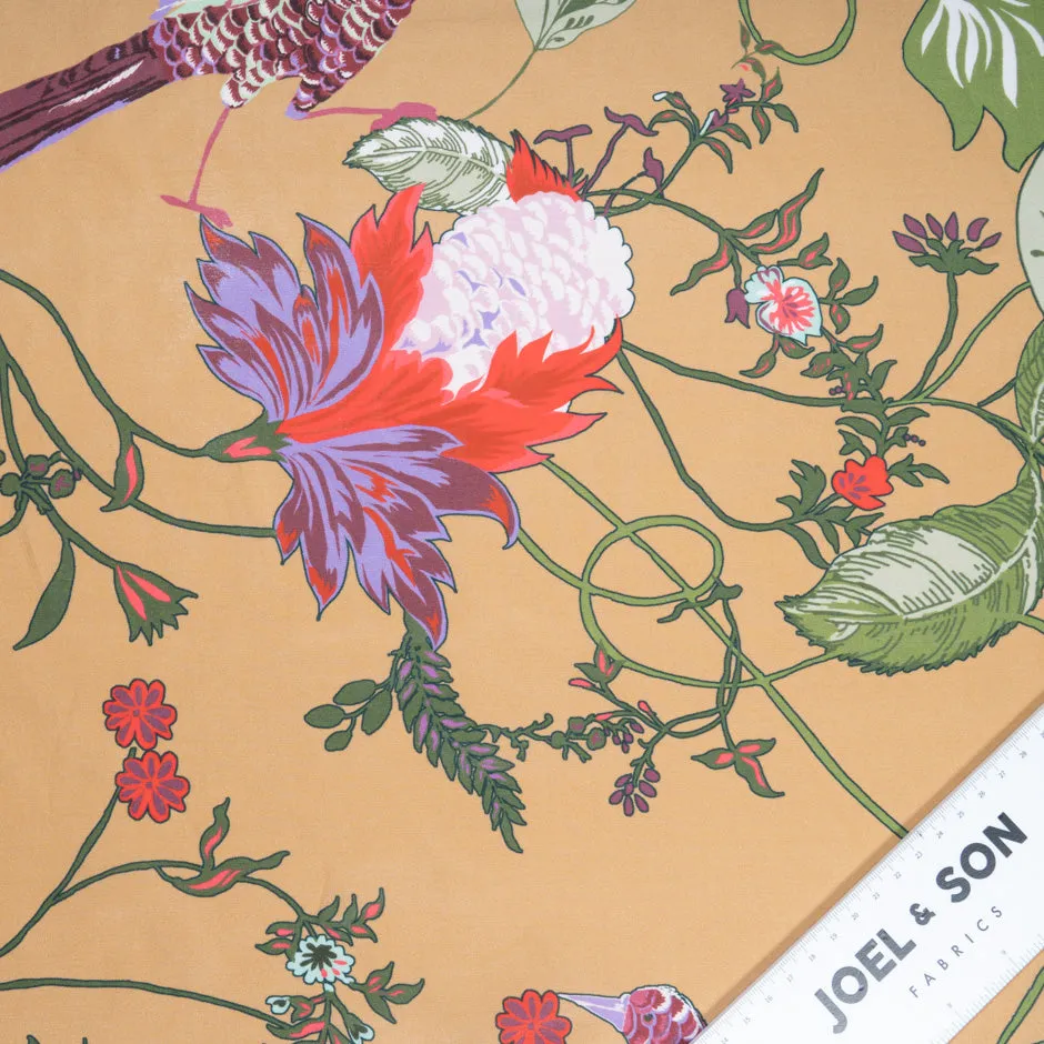 Bird & Floral Printed Deep Beige Silk & Cotton Blend