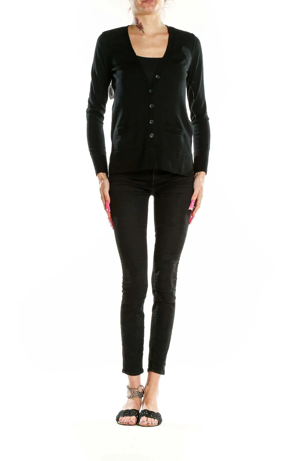 Black Merino Wool V-Neck Cardigan