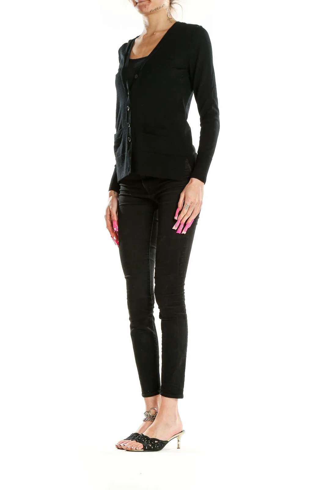 Black Merino Wool V-Neck Cardigan