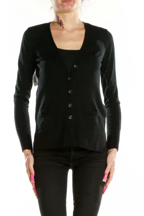 Black Merino Wool V-Neck Cardigan