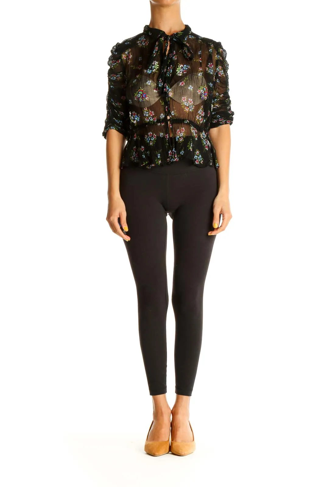 Black Sheer Floral Peplum Blouse
