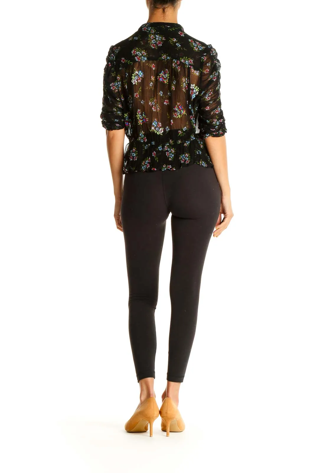 Black Sheer Floral Peplum Blouse