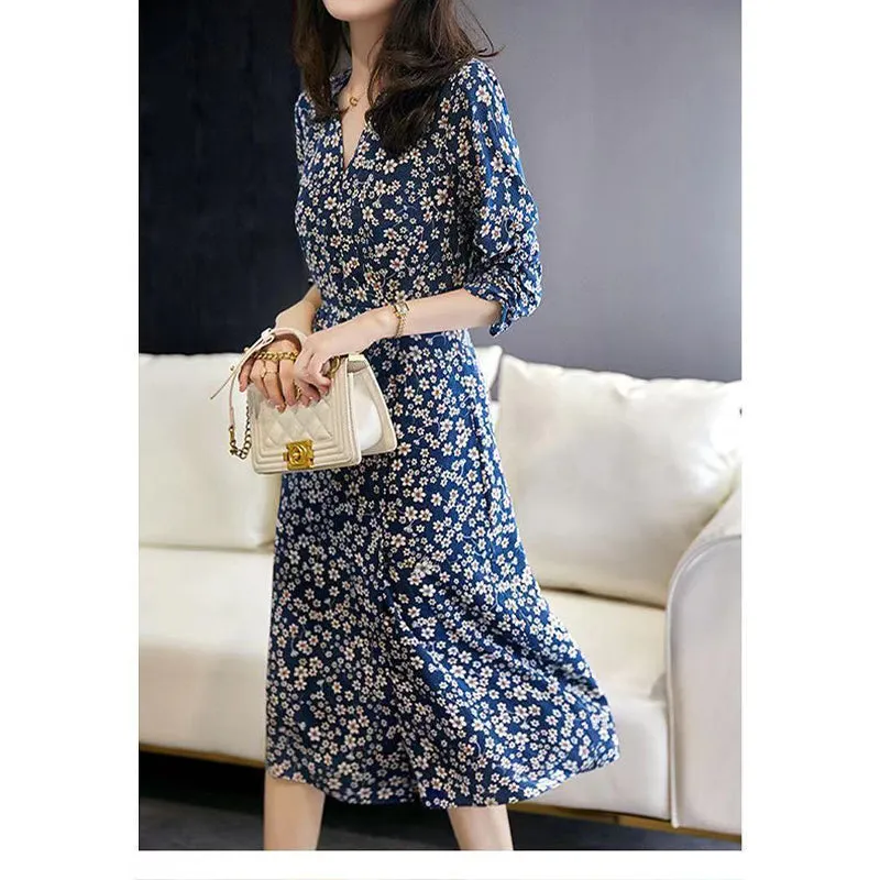 Blue floral mulberry silk dress