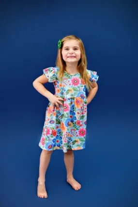 Blue Summer Floral Milk Silk Long Flutter Dress