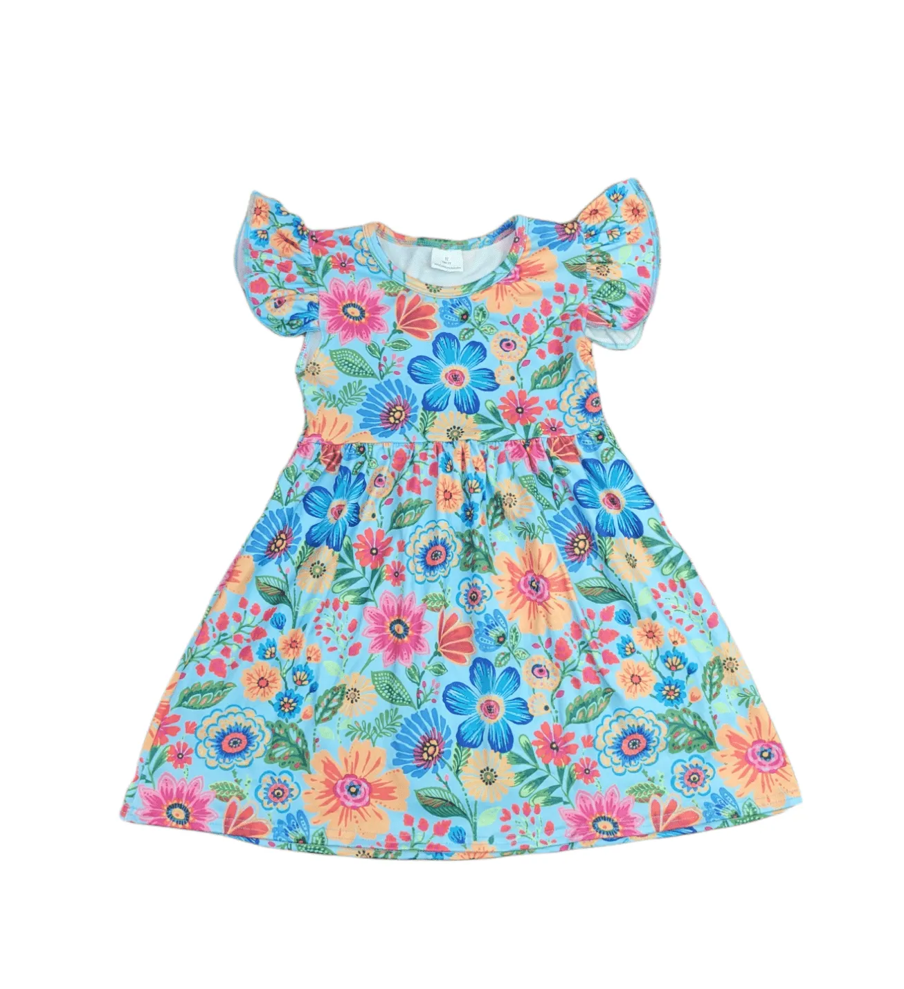Blue Summer Floral Milk Silk Long Flutter Dress