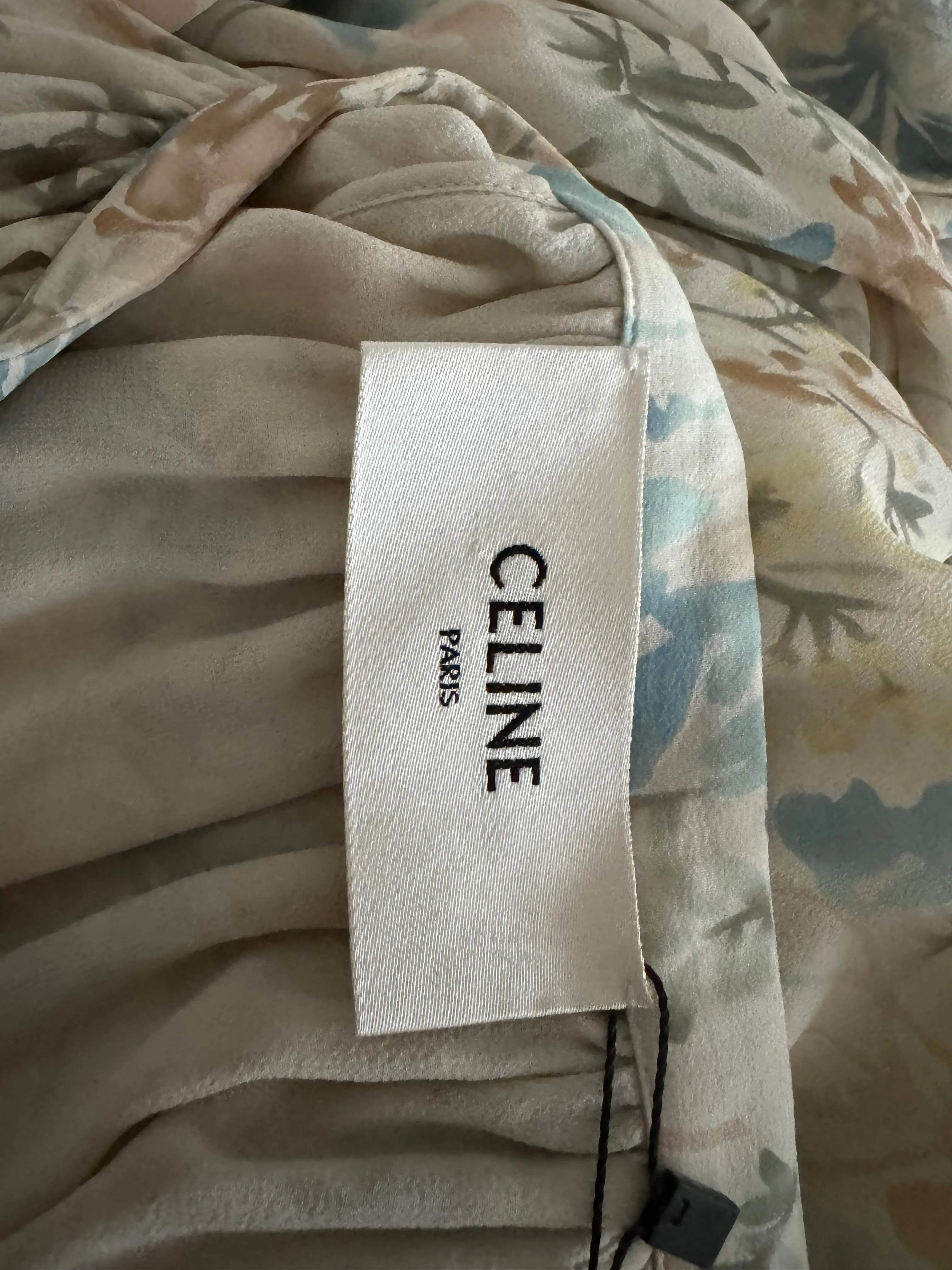 CELINE SILK-CHIFFON MIDI DRESS IN FLORAL MOTIF WITH BOTTOM RUFFLE Size F 34 ladies