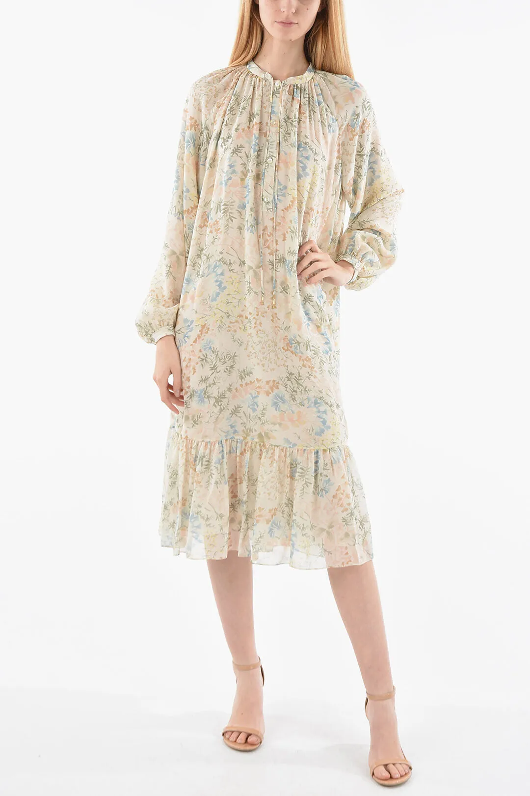 CELINE SILK-CHIFFON MIDI DRESS IN FLORAL MOTIF WITH BOTTOM RUFFLE Size F 34 ladies