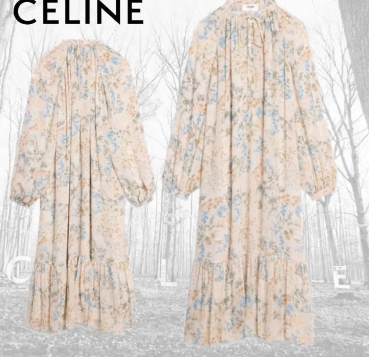 CELINE SILK-CHIFFON MIDI DRESS IN FLORAL MOTIF WITH BOTTOM RUFFLE Size F 34 ladies