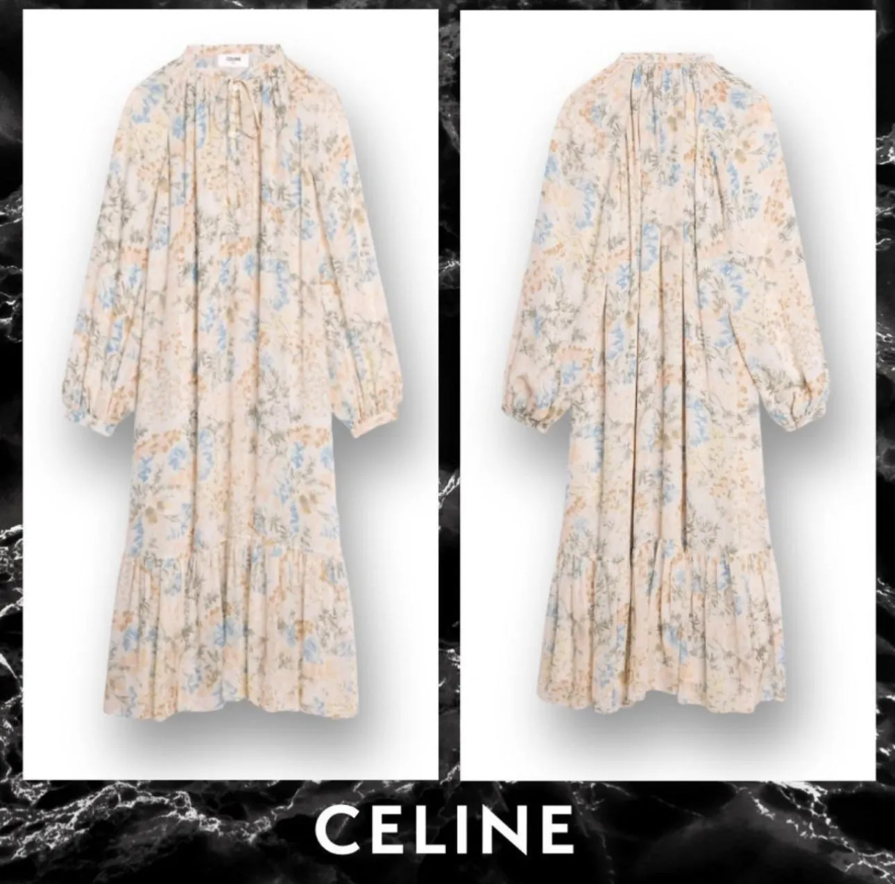 CELINE SILK-CHIFFON MIDI DRESS IN FLORAL MOTIF WITH BOTTOM RUFFLE Size F 34 ladies