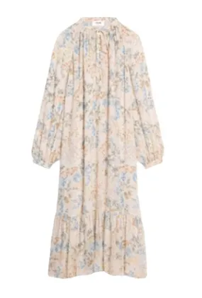 CELINE SILK-CHIFFON MIDI DRESS IN FLORAL MOTIF WITH BOTTOM RUFFLE Size F 34 ladies