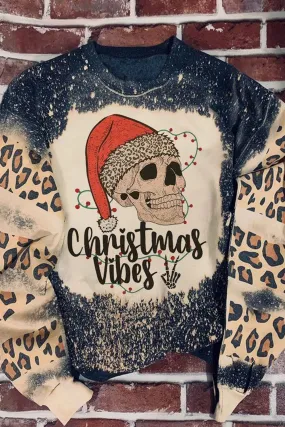 Christmas Vibes Skull Leopard Color Block Sweatshirt