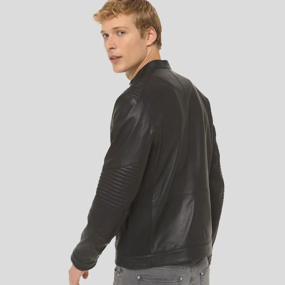 Claiborn Black Cafe Racer Leather Jacket