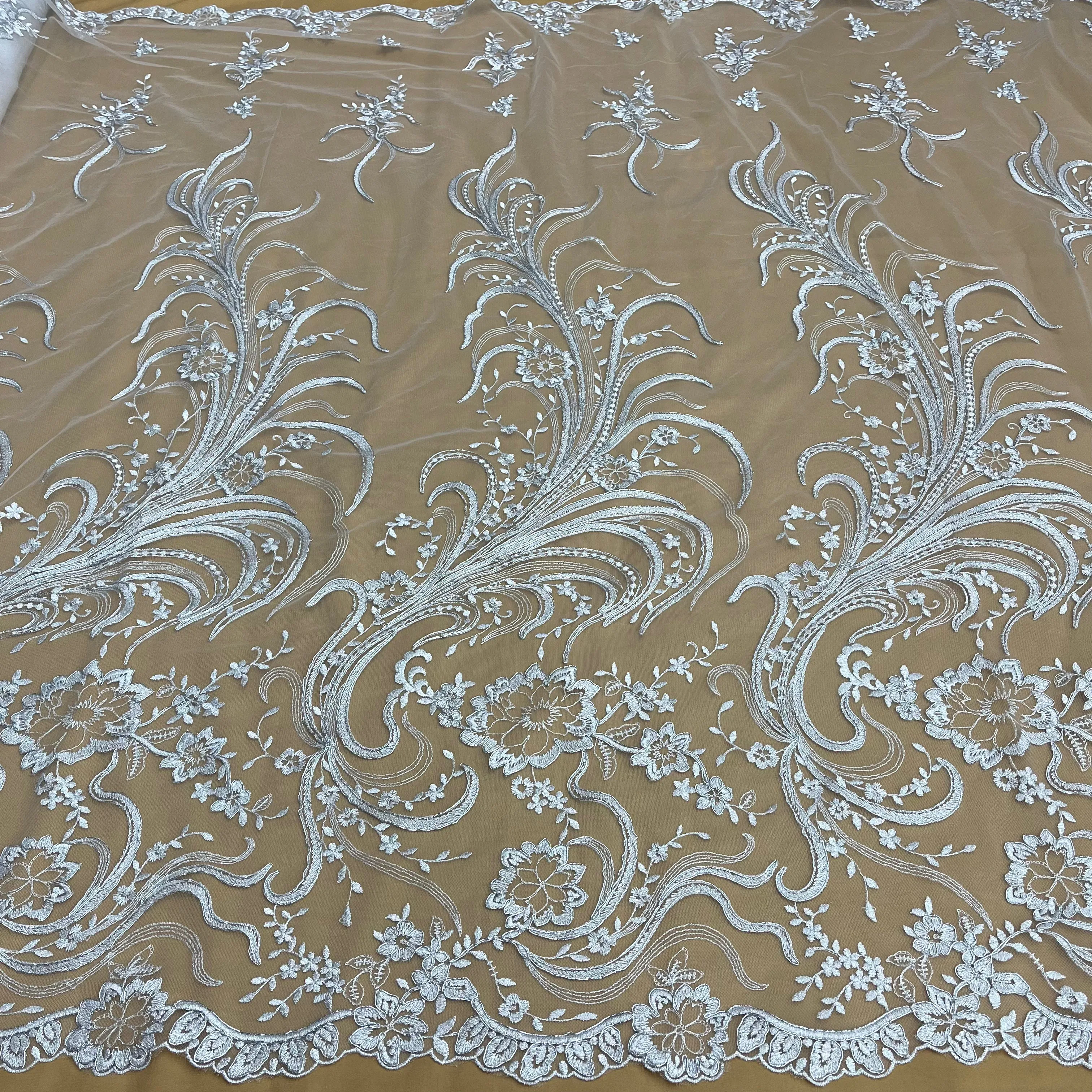 Corded Bridal Lace Fabric Embroidered on 100% Polyester Net Mesh | Lace USA - 97130W