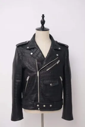 Crocodile Leather  Slim Fit Motorcycle Racer Style Leather Jacket For Men & Women