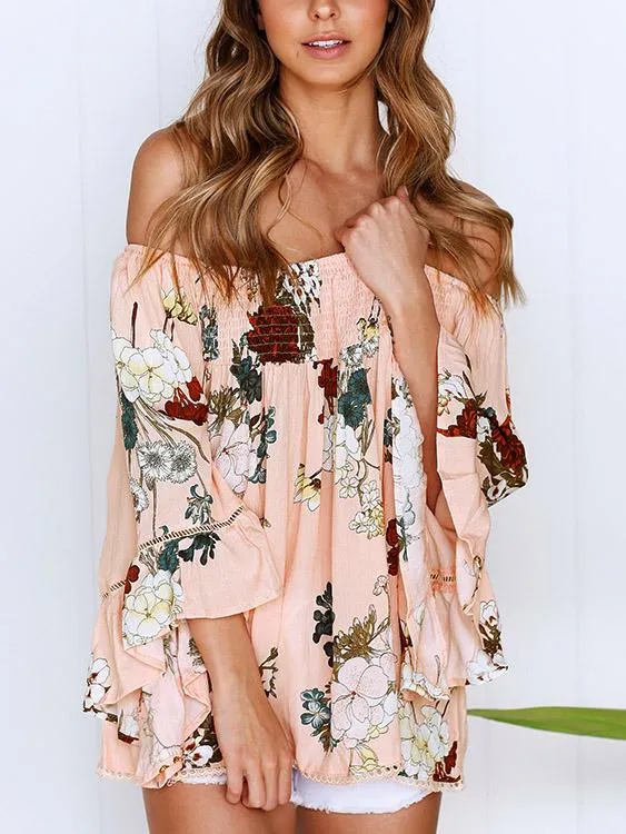 Custom Off The Shoulder Floral Print Long Sleeve Pink Blouses