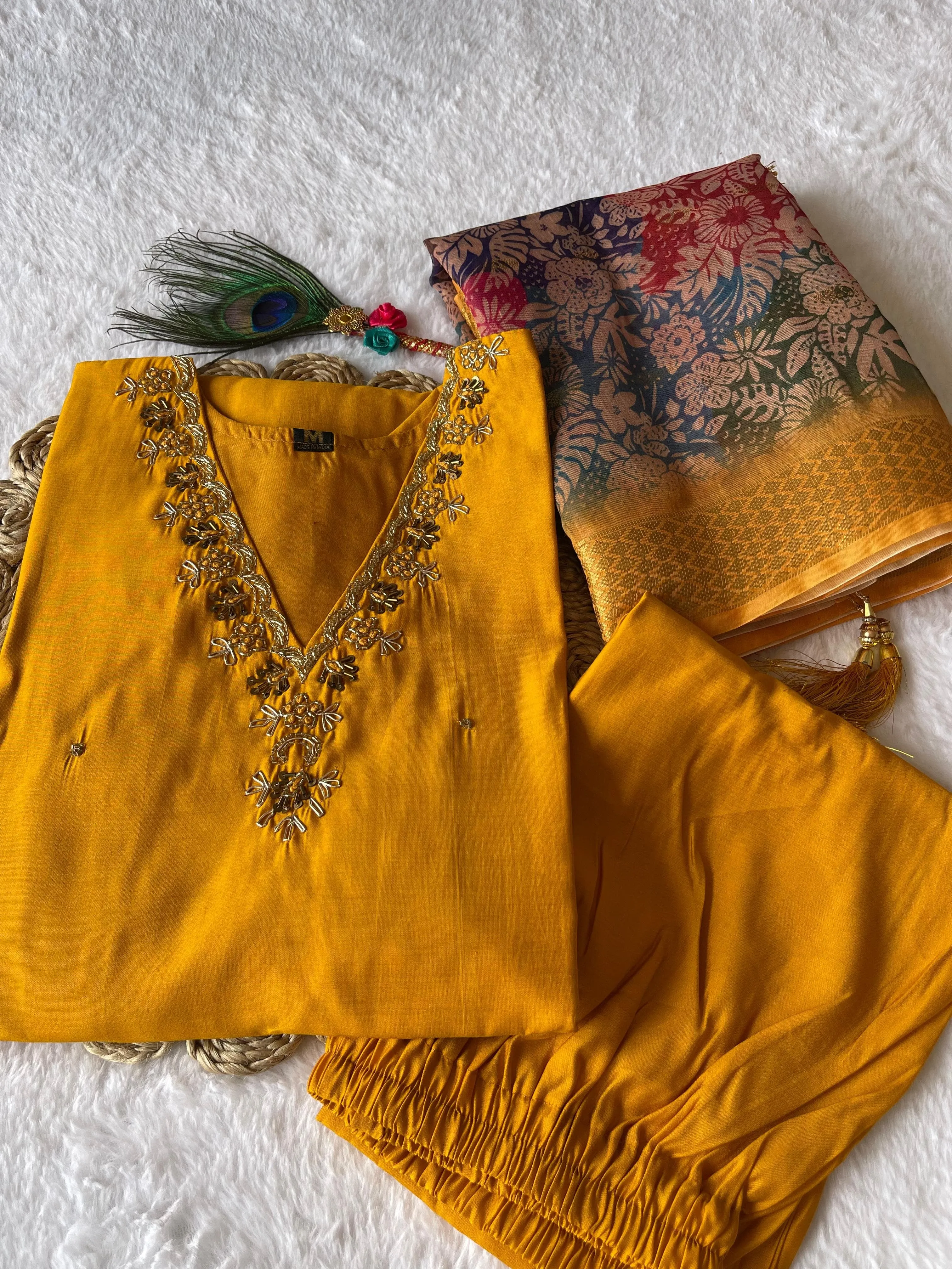 Designer Roman silk 3pc Floral dupatta set