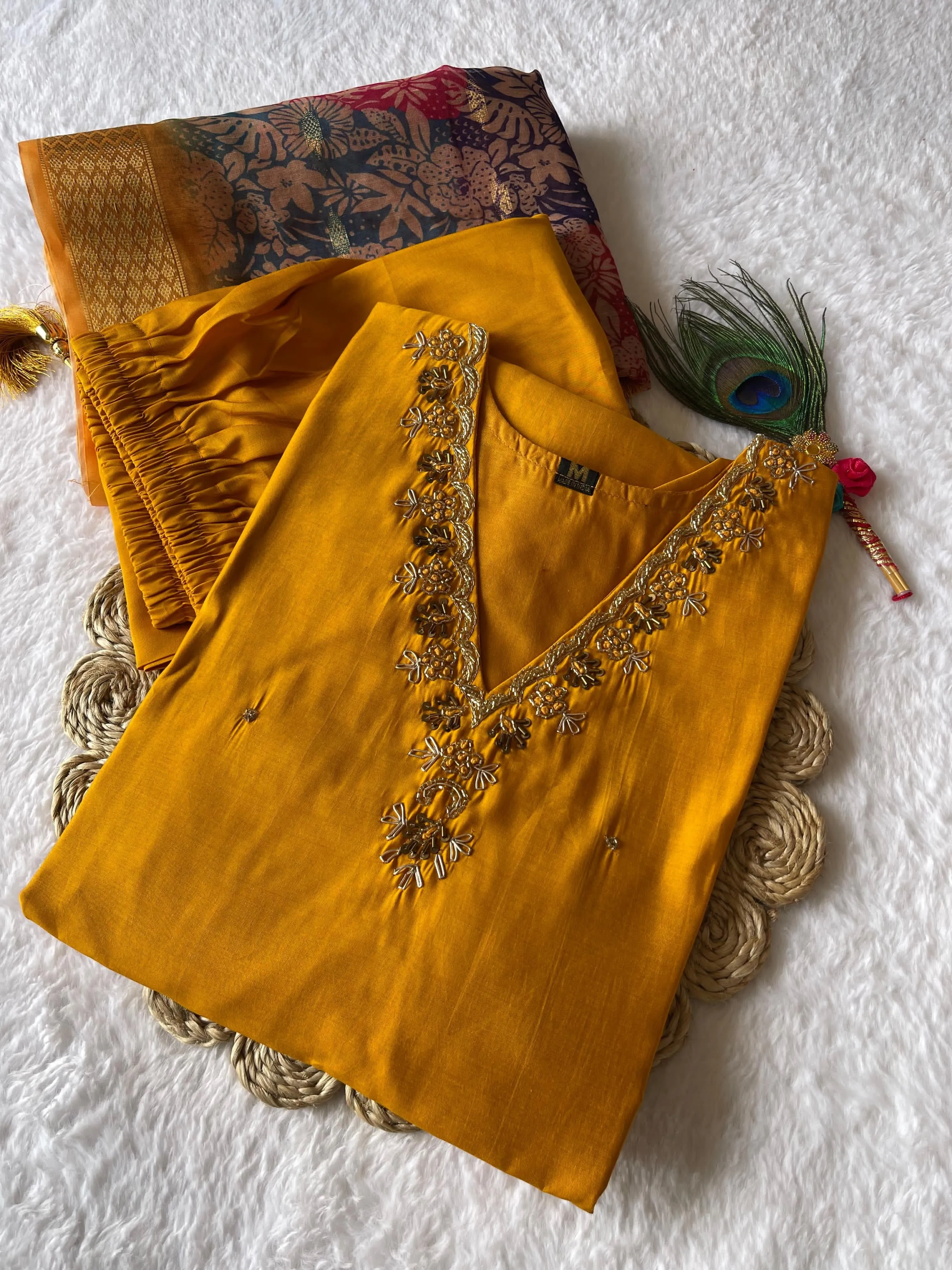 Designer Roman silk 3pc Floral dupatta set